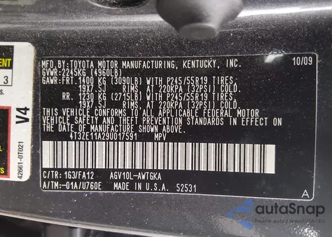 2009 Toyota Venza z USA, uszkodzony, nr VIN 4T3ZE11A29U017591